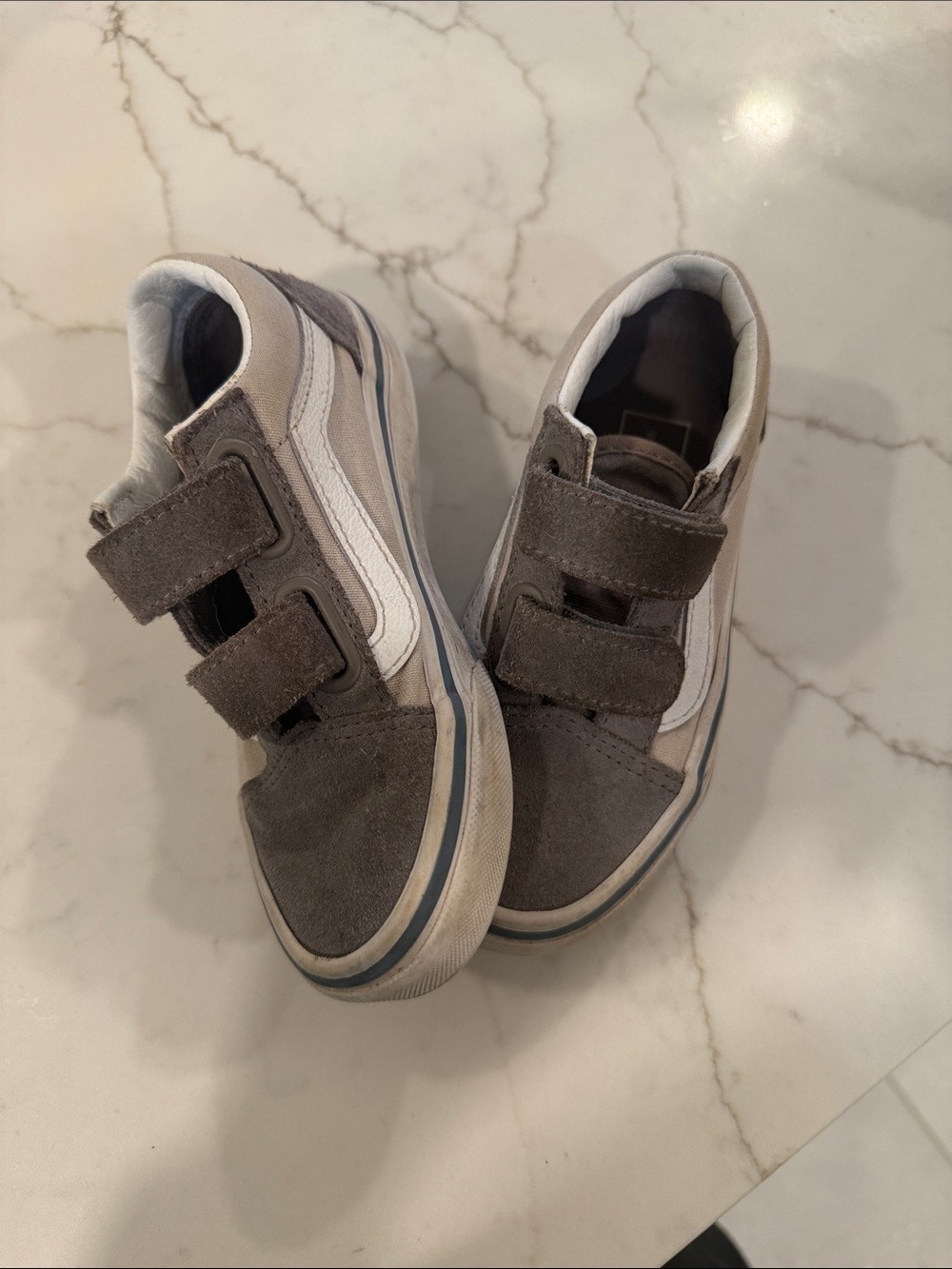 Vans Kids Gray Suede Velcro Skate Shoes with White Side Stripe